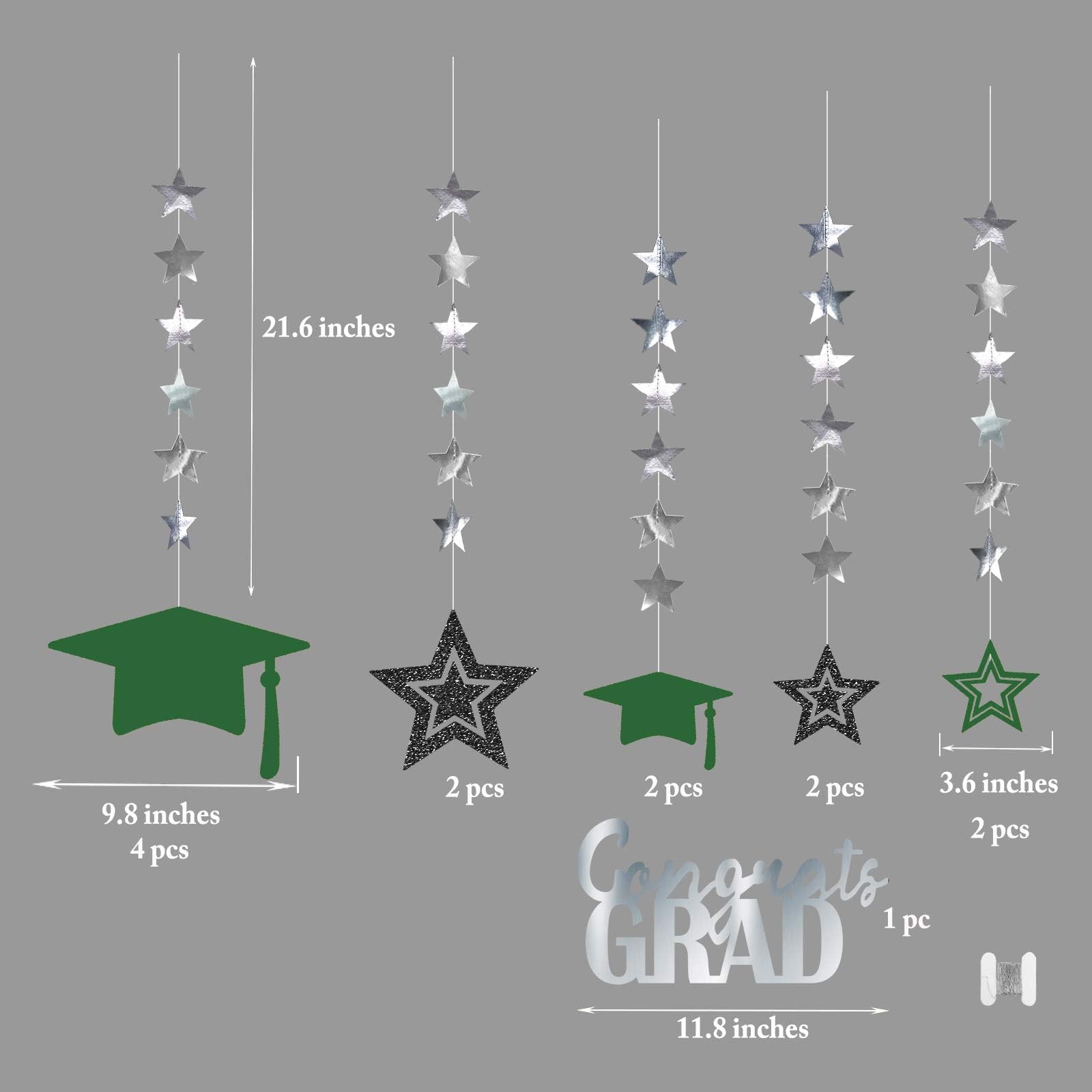 Cheerland Green Graduation Party Decoration Kit Black Cap Decor Shiny Congrats Grad Banner Star Hat Garland Hanging Streamer Ban